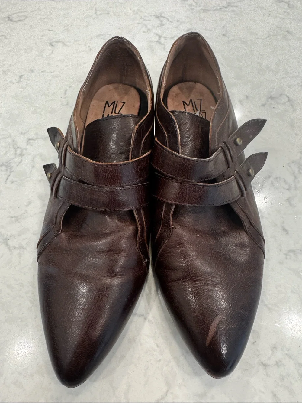 Miz Mooz Lorelle Brown Leather Pointed Toe Monk Strap Flats 8 / 38.5